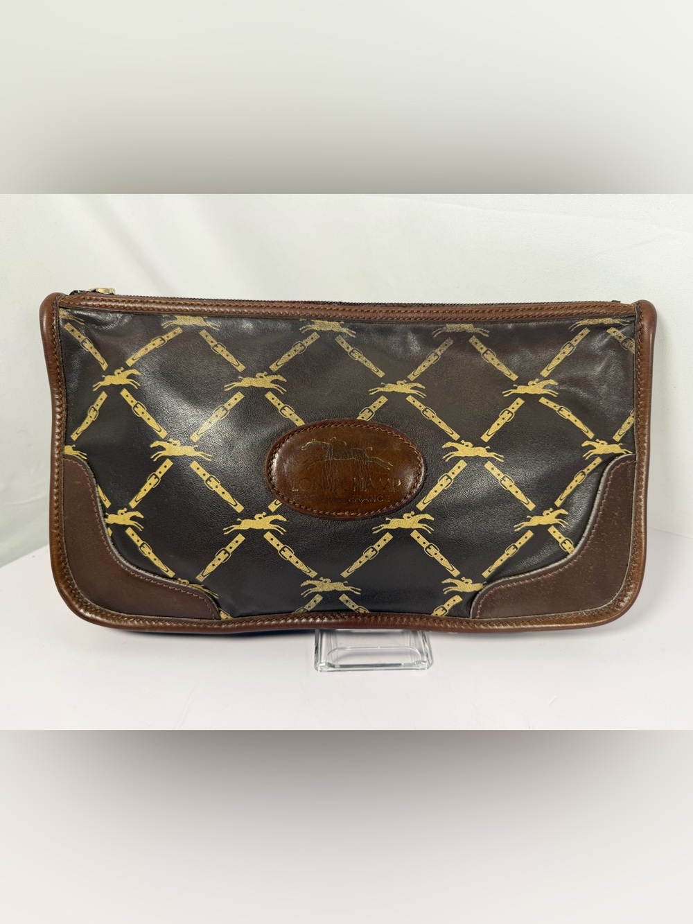 7080: Vintage Longchamp Paris Horse & Belt Print Leather Clutch Pouch Brown